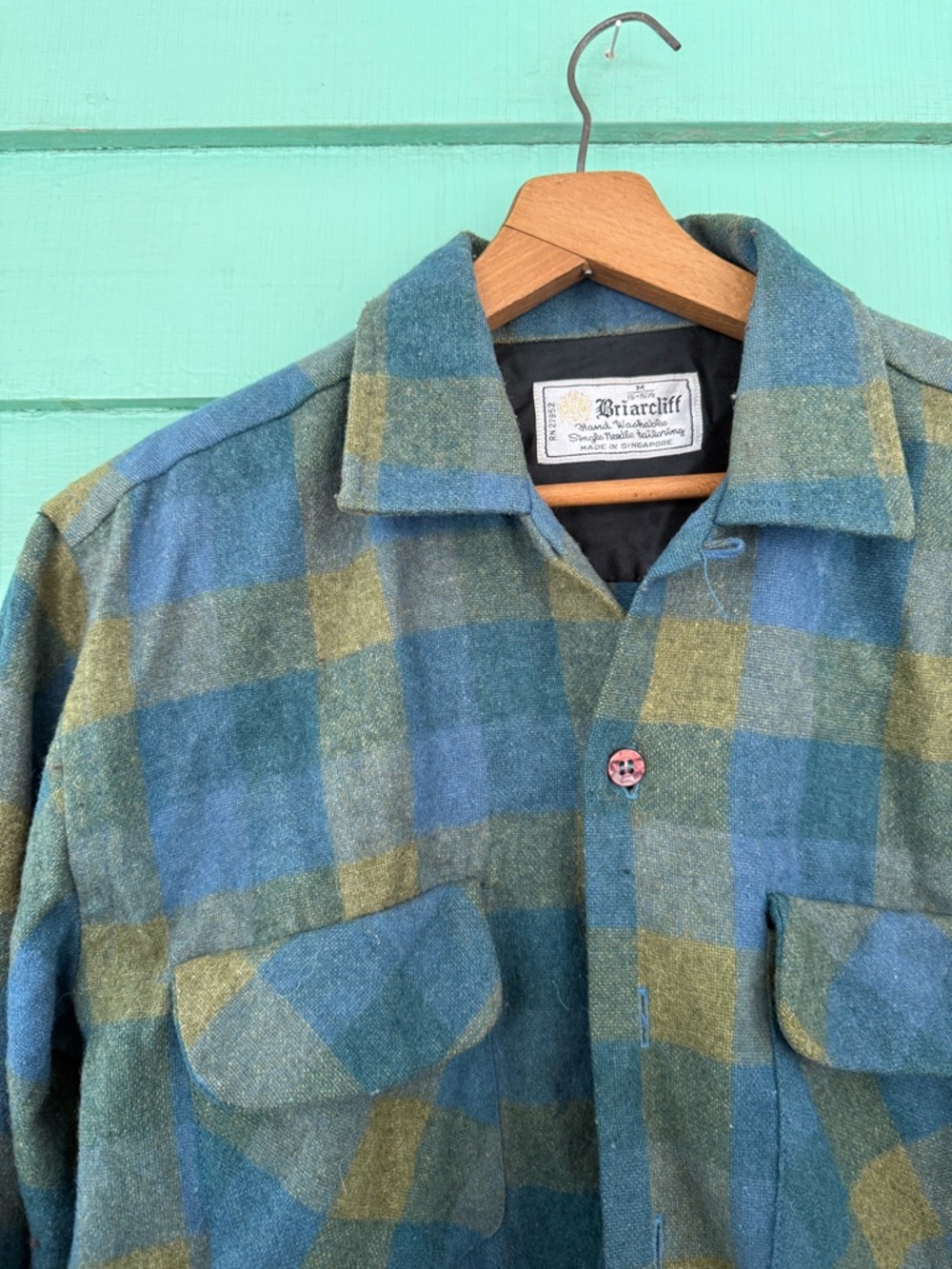 Vintage Briarcliff Men's Blue & Green Plaid Wool Flannel